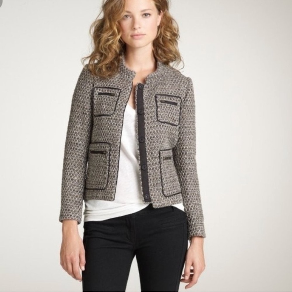 J.CREW metallic tweed & faux leather snap front blazer jacket tan cream black